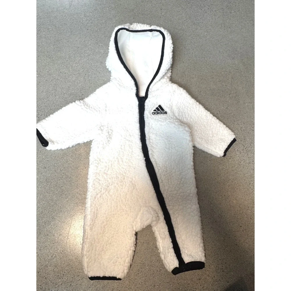 Adidas Baby White Sherpa Zip-Up Hooded Sleep/Snow Suit Sz 3 Months
